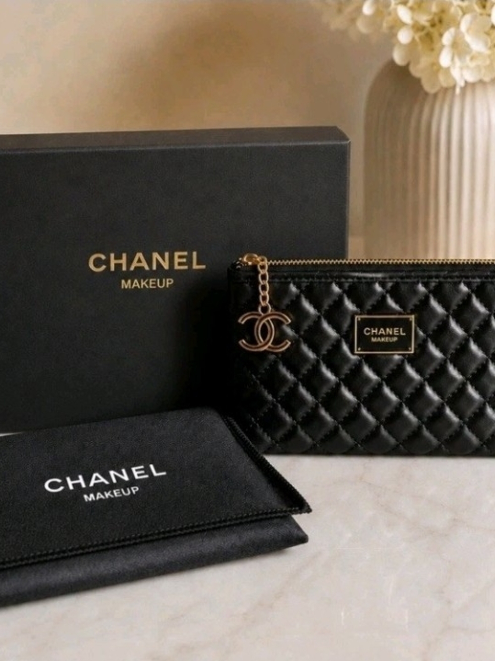CHANEL Black Quilted Makeup Pouch with Gold CC Charm - VIP Gift - New In Box